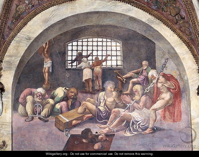 Scene showing that those born under the sign of Sagittarius in conjunction with the setting constellation of Arcturus will be led to commit grave crimes, symbolised by shackled prisoners, from the Camera dei Venti, 1528 - Giulio Romano (Orbetto)