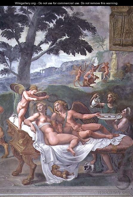 Cupid and Psyche with their daughter Voluptuousness, waited on by Ceres who pours water into a basin held by Juno, detail of the noble banquet, from the Sala di Amore e Psiche, 1528 - Giulio Romano (Orbetto)