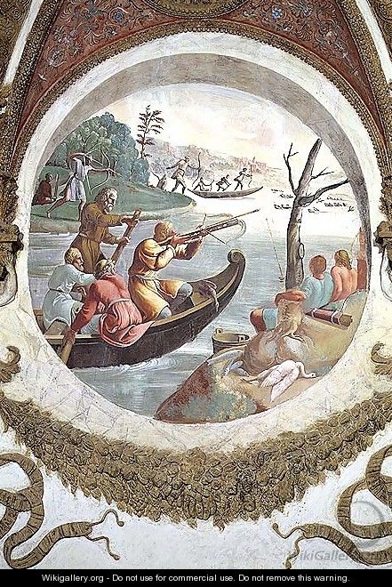 Scene showing that those born under the sign of Libra in conjunction with the constellation of Sagitta or the Arrow will be skilled at archery, symbolised by a hunt with archers shooting ducks with cross-bows and men fishing with bows and arrows, from the - Giulio Romano (Orbetto)