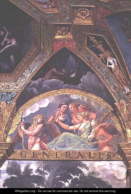 Cupid with Venus and Mercury whom she is sending to capture Psyche, lunette from the Sala di Amore e Psiche, 1528 - Giulio Romano (Orbetto)