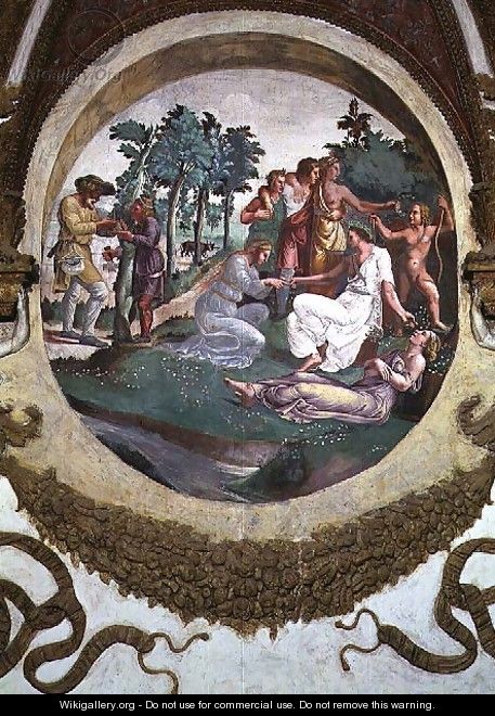 Scene showing that those born under the sign of Virgo in conjunction with the constellation of the Crown are bestowed with a love for flowers and gardens, symbolised by young people weaving garlands in a garden, from the Camera dei Venti, 1528 - Giulio Romano (Orbetto)