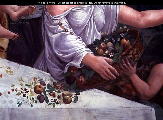A basket of fruit and flowers, detail of the rustic banquet celebrating the marriage of Cupid and Psyche from the Sala di Amore e Psiche, 1528 - Giulio Romano (Orbetto)