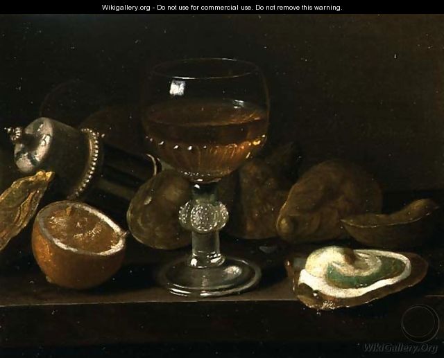 An Overturned Salt and a Wine Glass on a Ledge with Oysters and Lemons - Pieter Gerritsz. van Roestraten