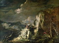 Rocky Landscape with a Huntsman and Warriors - Salvator Rosa