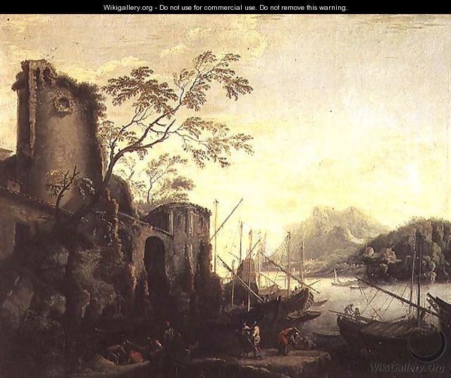 River landscape with boats and ruins - Salvator Rosa