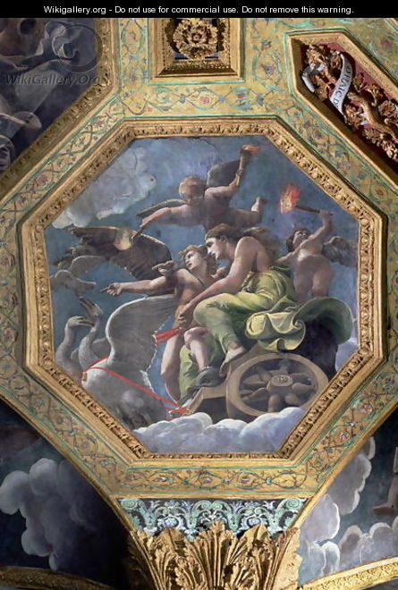 Venus and Cupid in a chariot drawn by swans, ceiling caisson from the Sala di Amore e Psiche, 1528 - Giulio Romano (Orbetto)