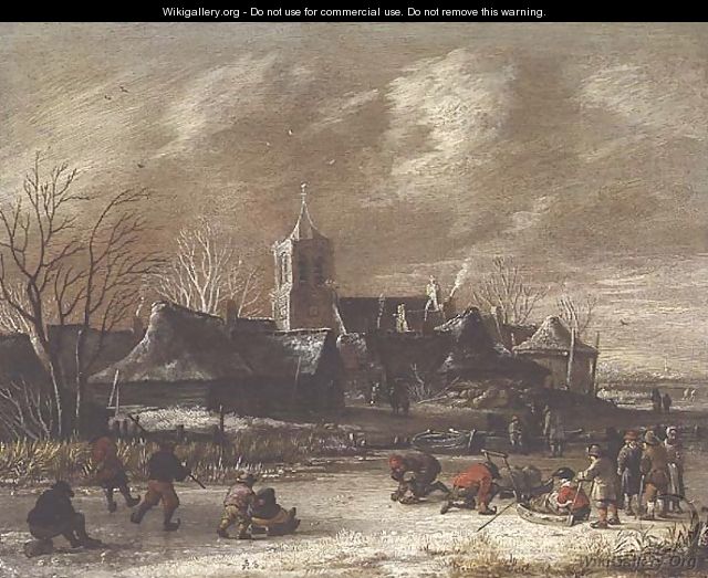 Town in Winter with figures skating - Salomon Rombouts