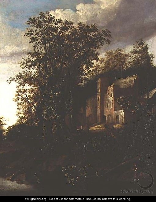 A wooded river landscape with peasants by a ruined manor house - Salomon Rombouts