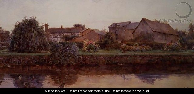 A House and Farm Buildings by a River - Ernest Arthur Rowe