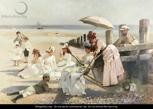 On the Shores of Bognor Regis - Portrait Group of the Harford Couple and their Children, 1887 - Alexander M. Rossi