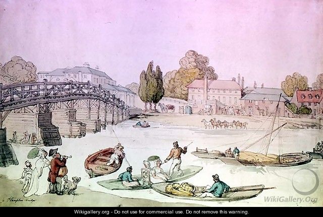 Hampton Bridge with Punts and Barges - Thomas Rowlandson