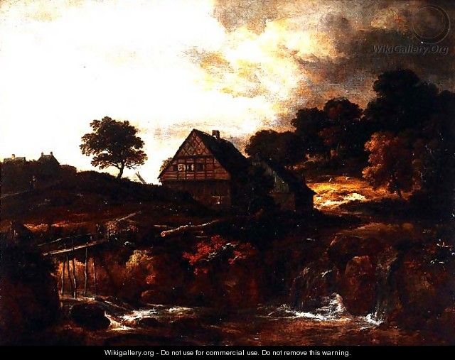 Wooded Landscape with peasant on a bridge over a torrent - (follower of) Ruisdael, Jacob I. van