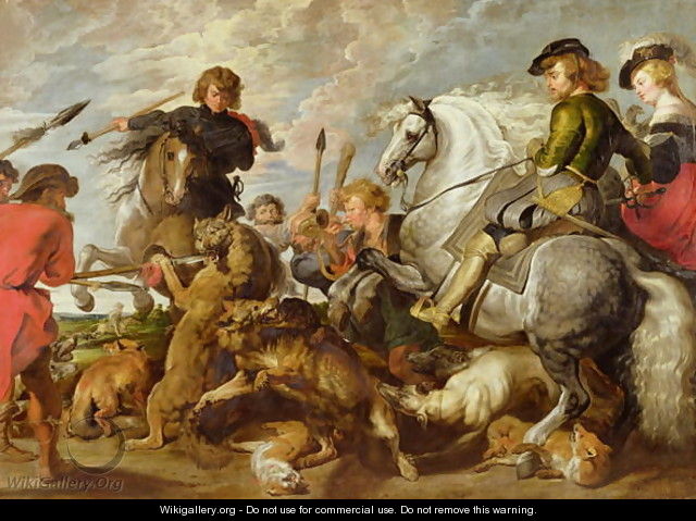 Rubens his Second Wife and Son in a Wolf and Foxhunt, after an original by Rubens - (studio of) Rubens, Peter Paul