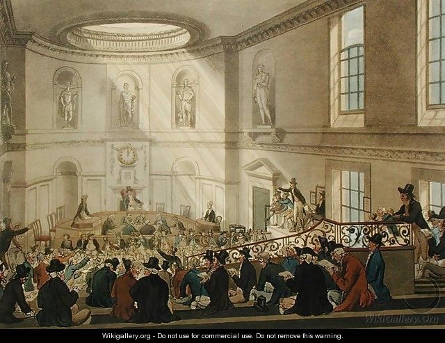 India House, The Sale Room, from Ackermanns Microcosm of London, engraved by Joseph Constantine Stadler fl.1780-1812, 1808 - & Pugin, A.C. Rowlandson, T.