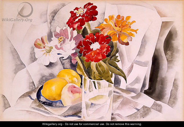 Zinnias and a Blue Dish with Lemons - Charles Demuth
