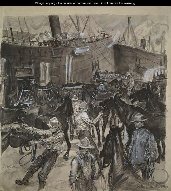 Loading horses on the
transports at Port Tampa - William Glackens