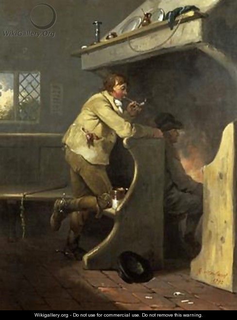 A man smoking a pipe by an inn fire - George Morland