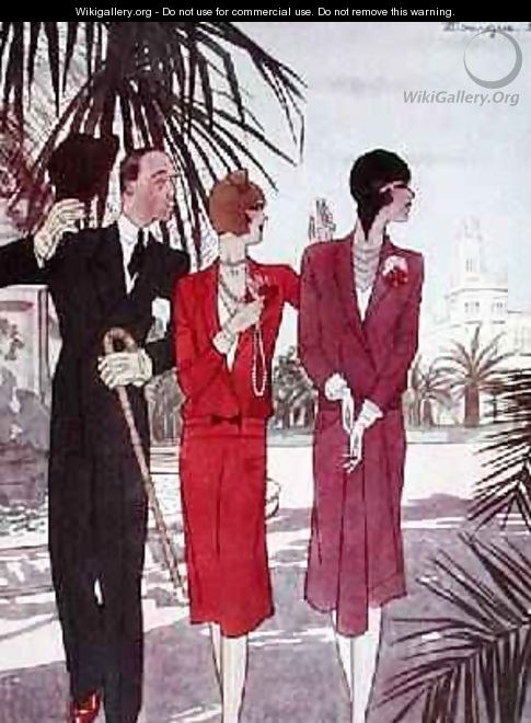 A Gentle Trot in the Shade of the Prado in Madrid fashion plate from Femina magazine - Pierre Mourgue