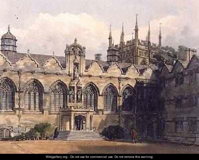 Exterior of Oriel College illustration from the History of Oxford - Frederick Nash