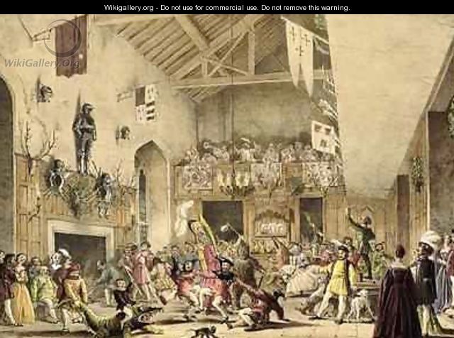 Twelfth Night Revels in the Great Hall Haddon Hall Derbyshire from Architecture of the Middle Ages 1838 - Joseph Nash