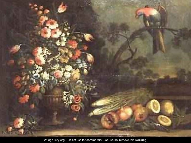 Still life mixed flowers vegetables and parrot - Giacomo Nani