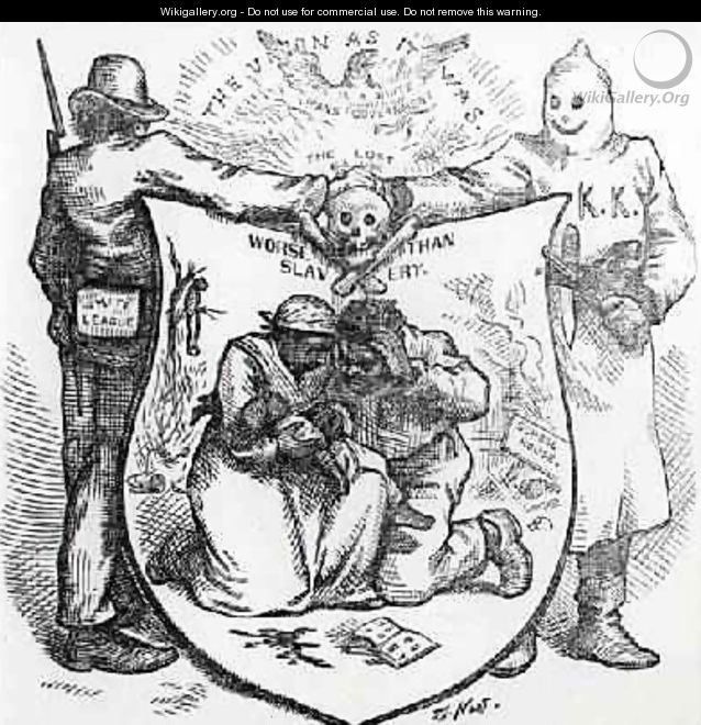 The White League and the Ku Klux Klan Worse than Slavery cartoon from Harpers Weekly 1874 - Thomas Nast