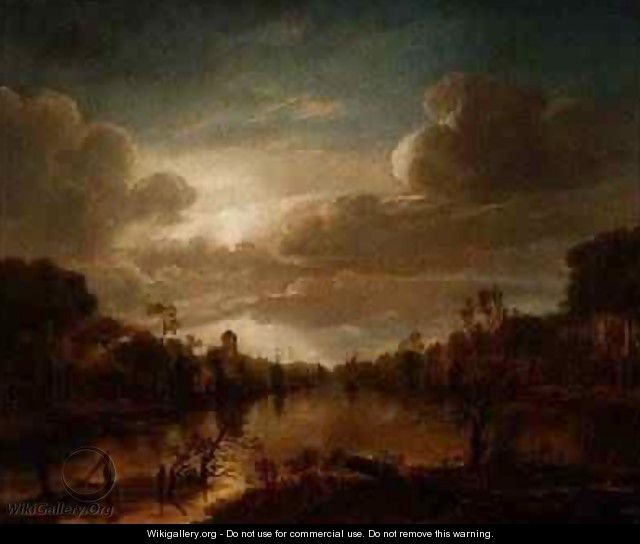 A river landscape by moonlight - Aert van der Neer