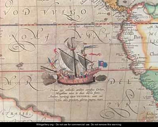 A sailing ship firing its cannon, detail from a map of the Pacific, China and America, 1599 - Abraham Ortelius