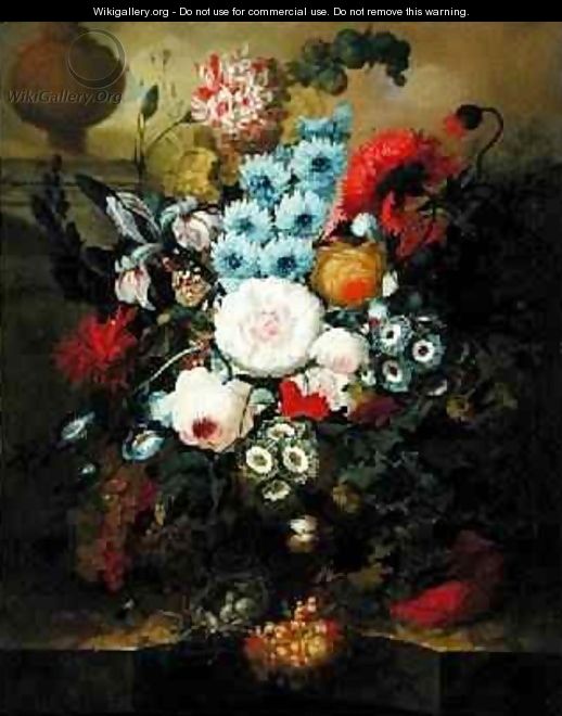 Carnations, Morning Glory, Roses, Auriculas, Hyacinth and Other Flowers with a Birds Nest on a Marble Ledge - Jan van Os