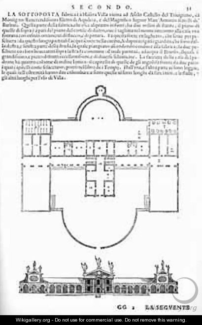 Plan and elevation of Villa Barbaro, Maser, illustration from a facsimile copy of I Quattro Libri dellArchitettura written by Palladio, originally published 1570 - (after) Palladio, Andrea