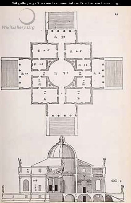 Plan and cross section of Villa Rotunda, illustration from a facsimile copy of I Quattro Libri dellArchitettura written by Palladio, originally published 1570 - (after) Palladio, Andrea
