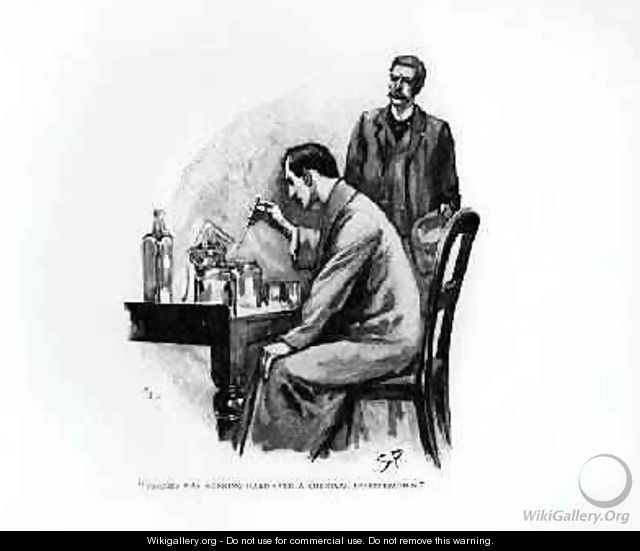 Holmes was Working Hard Over a Chemical Investigation, illustration for The Naval Treaty, by Arthur Conan Doyle 1859-1930, published in Strand Magazine, October and November 1893 - Sidney Paget
