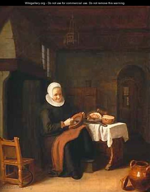 Lady seated in front of a fireplace with ham and bread on a table - Abraham de Pape