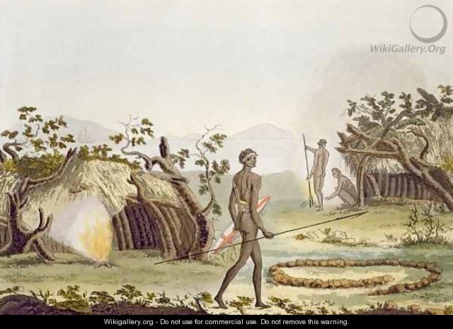 Native cabin, New Holland, plate 64 from Le Costume Ancien et Moderne, by Jules Ferrario, published c.1820s-30s - Sydney Parkinson