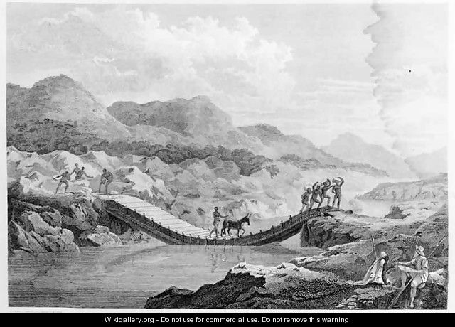 Self portrait sketching the bridge on the Bafing River, Senegal, from Travels in the Interior Districts of Africa, published 1799 - (after) Park, Mungo