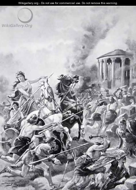 Boadiceas attack upon Camulodunum, 60AD, illustration from The History of the Nation 2 - Henry A. (Harry) Payne
