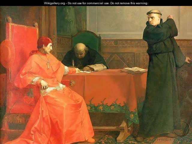 Luther in front of Cardinal Cajetan during the controversy of his 95 Theses, 1870 - Ferdinand Wilhelm Pauwels