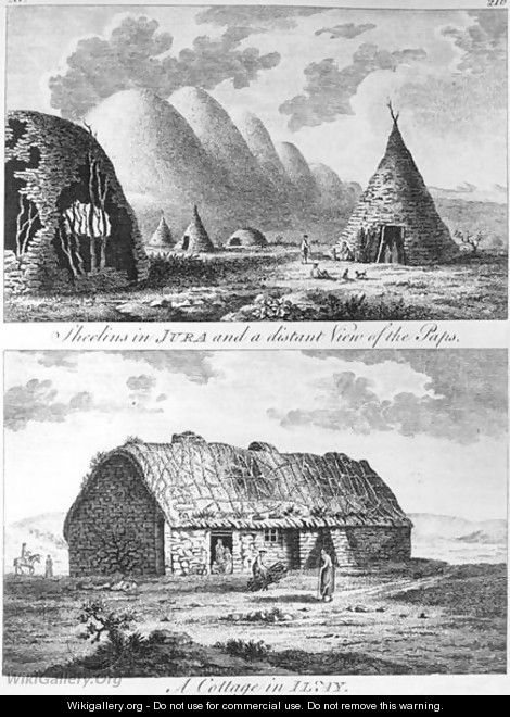 Sheelins in Jura and a distant view of the Paps and A Cottage of Islay, from A Tour in Scotland, and voyage to the Hebrides 1772 - Thomas Pennant