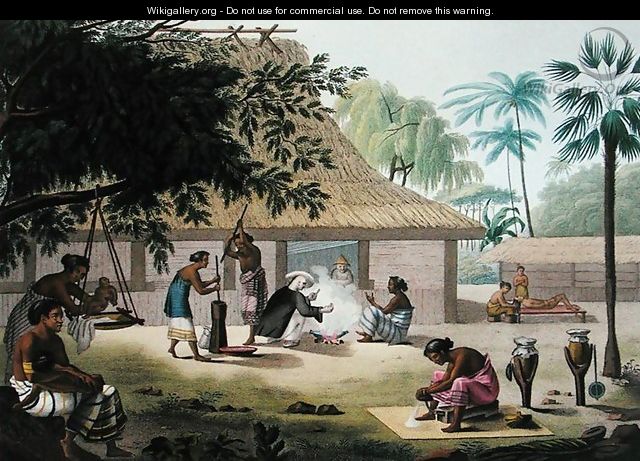 Domestic Activities, Coupang, Timor, from Voyage Autour du Monde sur les Corvettes de LUranie 1817-20, engraved by Forget, published 1825 - (after) Pellion, Alphonse