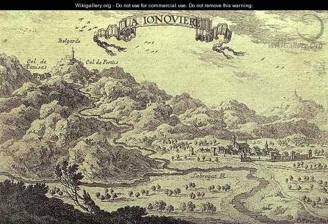 View of La Junquera with the river Llobregat and the Panisar and Pertus passes and Belgarde Castle in the background during the Negotiations of the Franco-Hispanic Treaty of the Pyrenees in 1659 - Adam Perelle