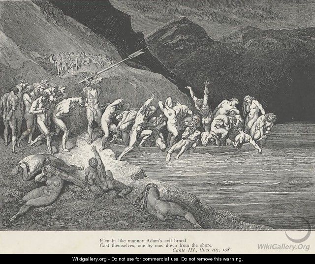 Cast themselves, one by one, down from the shore (Canto III., line 108) - Gustave Dore