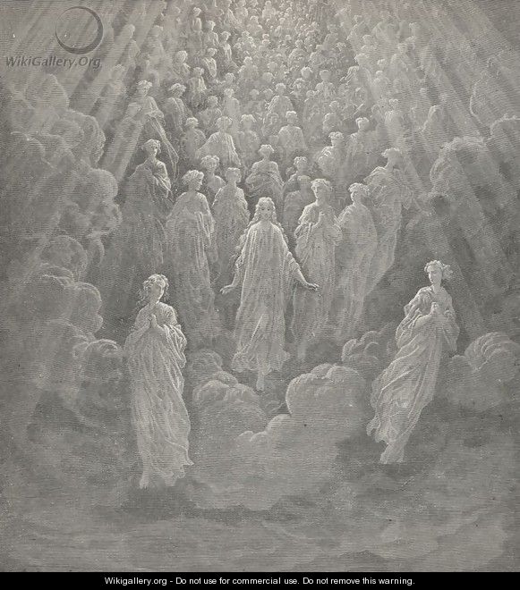 so drew Full more than thousand splendours towards us, (Canto V., line 106-107) - Gustave Dore