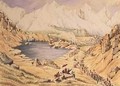 Soldiers invading Tibet from Nepal entrance to the Keerung Pass. The plain is part of the Town of Keerung with the Valley of Pauring Tiar and the Buoria Gondu river May 1855 - Dr. H.A. Oldfield