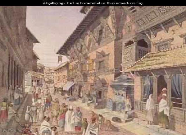 Nepalese Bhadgoari People in a Street beside a Shrine in Nepal Bhaduon 1853 - Dr. H.A. Oldfield
