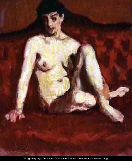 Seated Nude on a Red Sofa - Roderic O