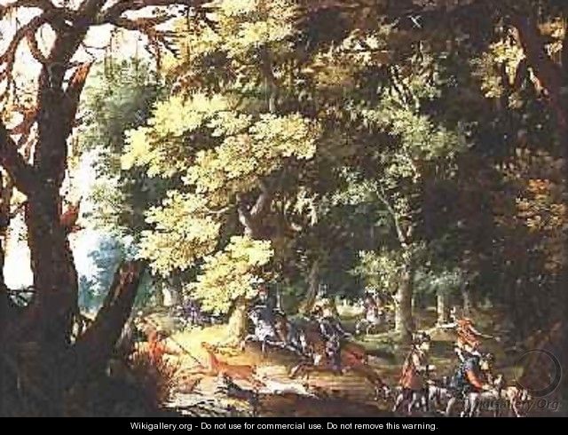 A Wooded Landscape with Hunters and Hounds - Isaak van Oosten