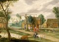 A village landscape with a woman drawing water from a well - Isaak van Oosten