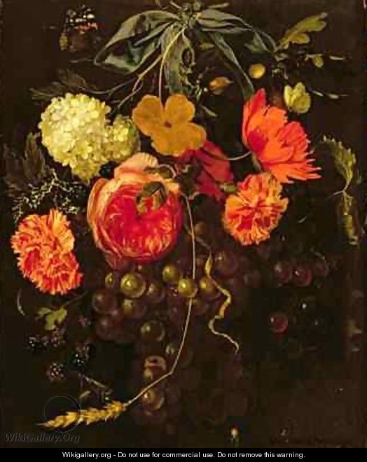 Still Life with a Swag of Fruits and Flowers Tied with a Blue Ribbon - Maria van Oosterwyck