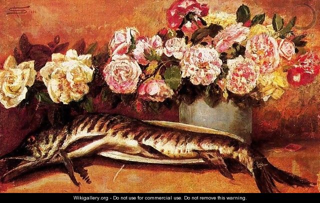 Still life with flowers and fish - Giovanni Segantini