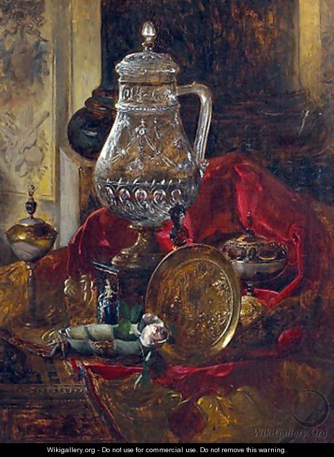 A still life with a crystal tankard and other precious objects arranged on a draped cloth - Blaise Alexandre Desgoffe